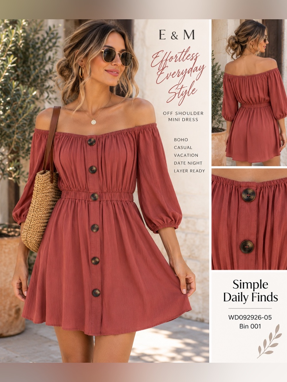 E&M Rust Terracotta Off Shoulder Mini Dress Small Faux Button Boho